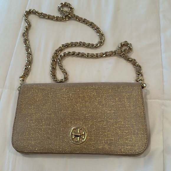 Tory Burch shimmer gold metallic purse handbag crossbody clutch detachable strap - Picture 7 of 9